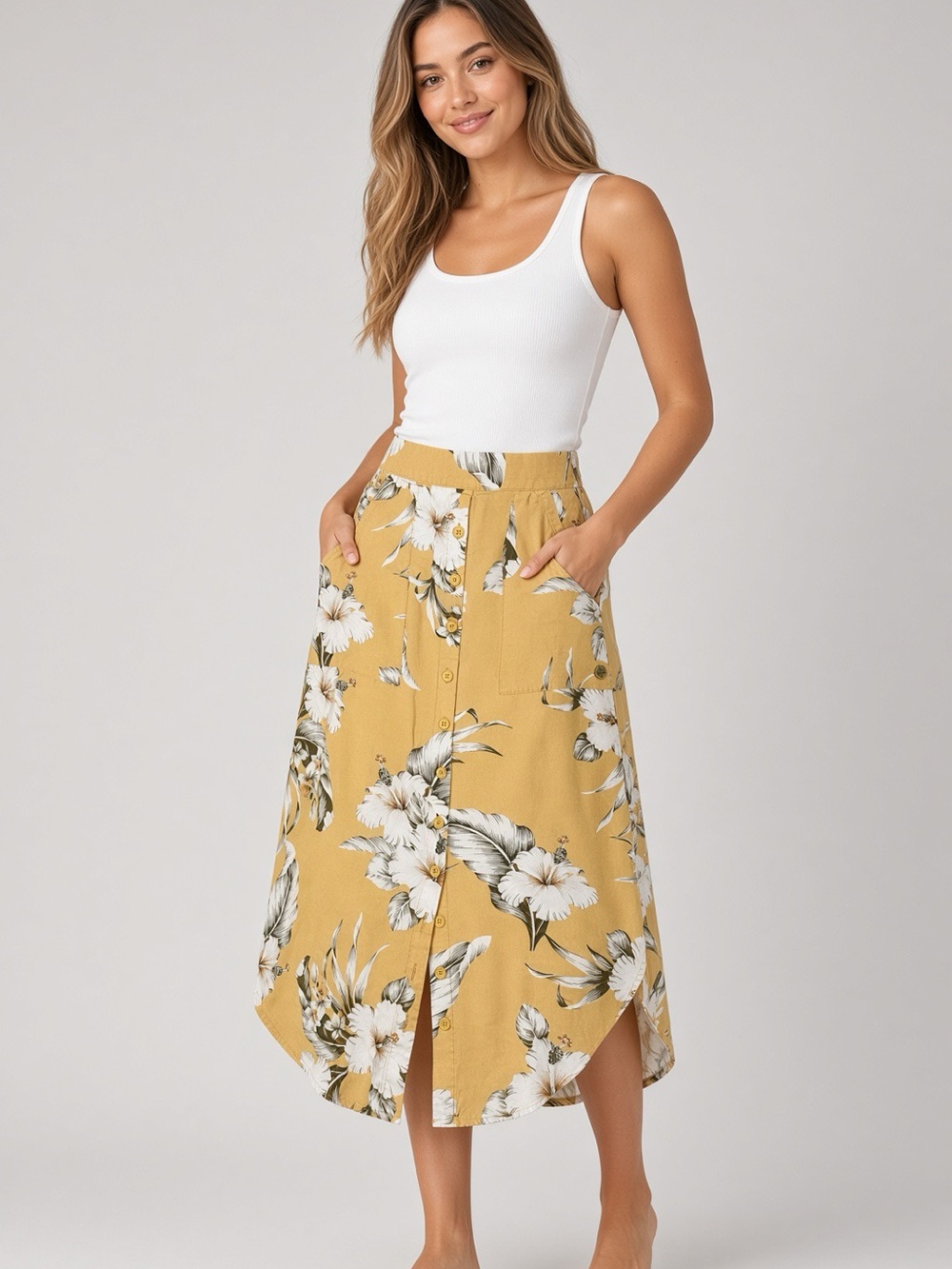 Rip Curl Women's Yellow Floral A-Line Midi Skirt Button Front Size S